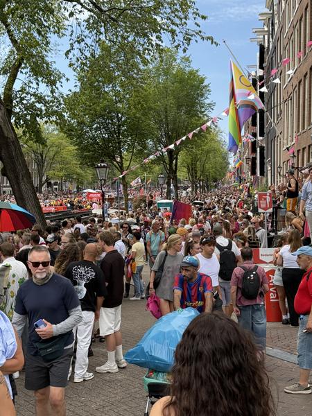 This vibrant photo captures a bustling scene on Prinsengracht, Centrum, Amsterdam, filled with a large crowd of people